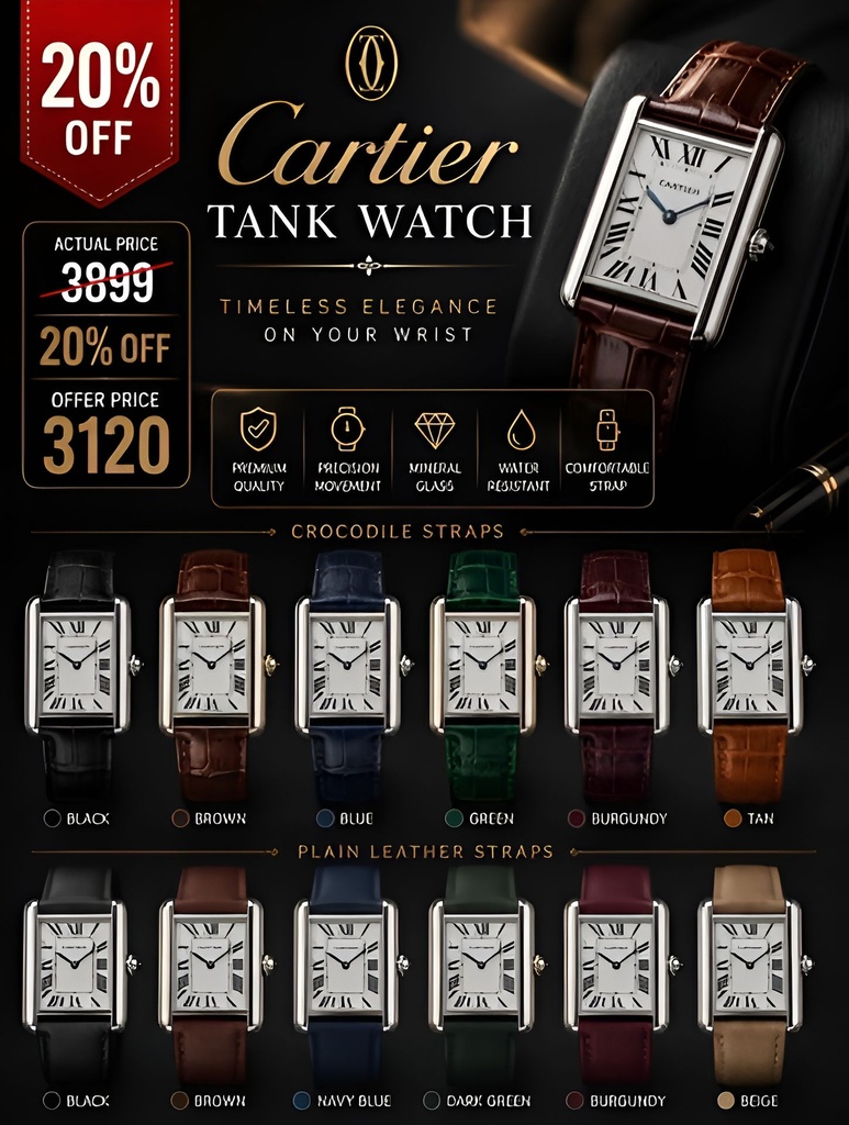 Cartier Tank Style Luxury Leather Strap Watch (!, Crocodile Strap, Classic Dial)
